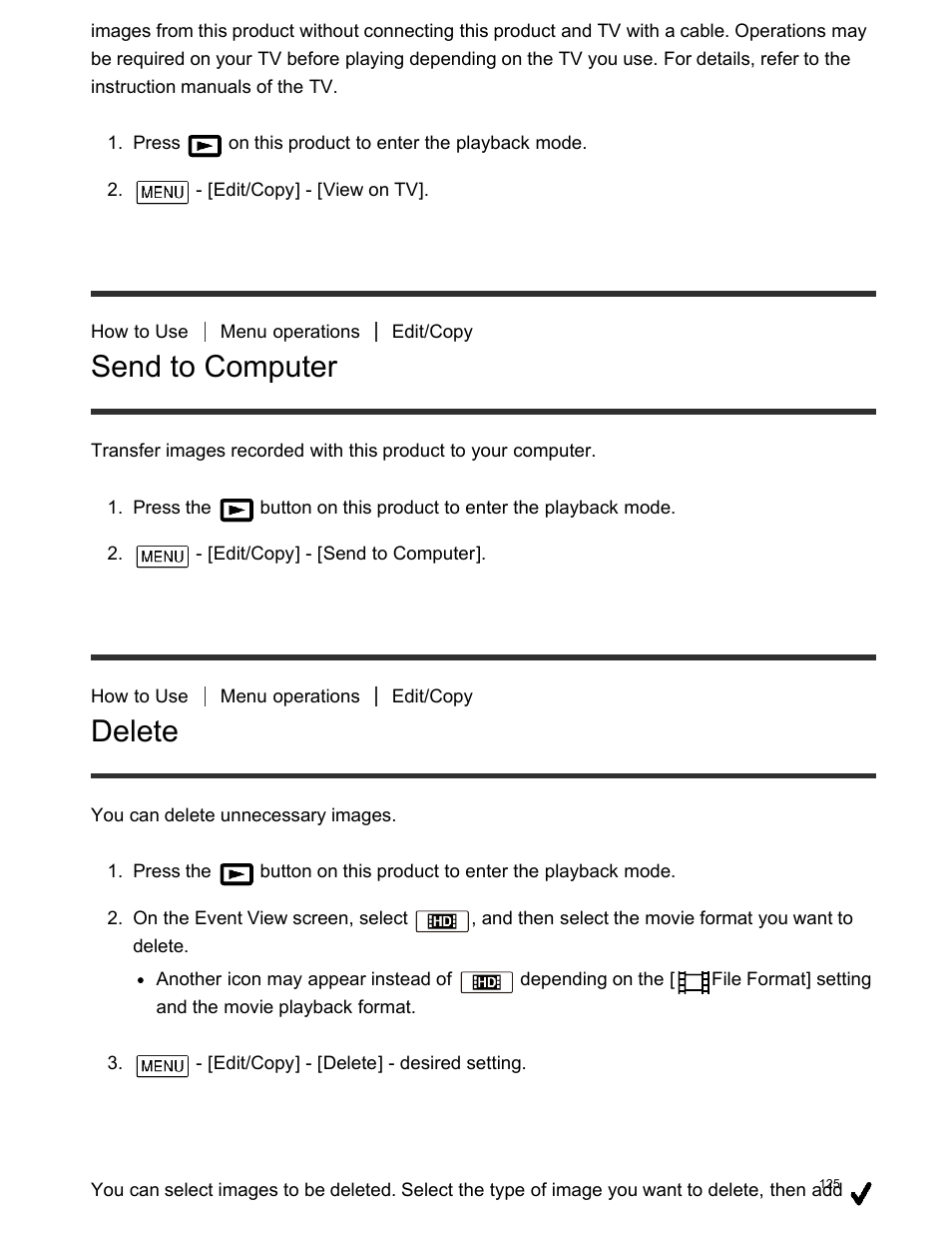 Send to computer, Delete | Sony FDR-AX100 User Manual | Page 137 / 204