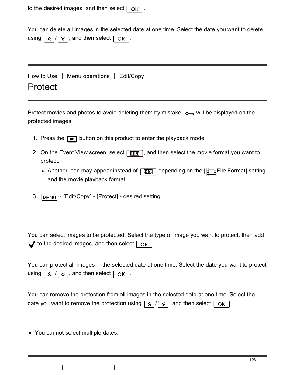 Protect, Direct copy, Descriptions of menu items | Sony FDR-AX100 User Manual | Page 138 / 204