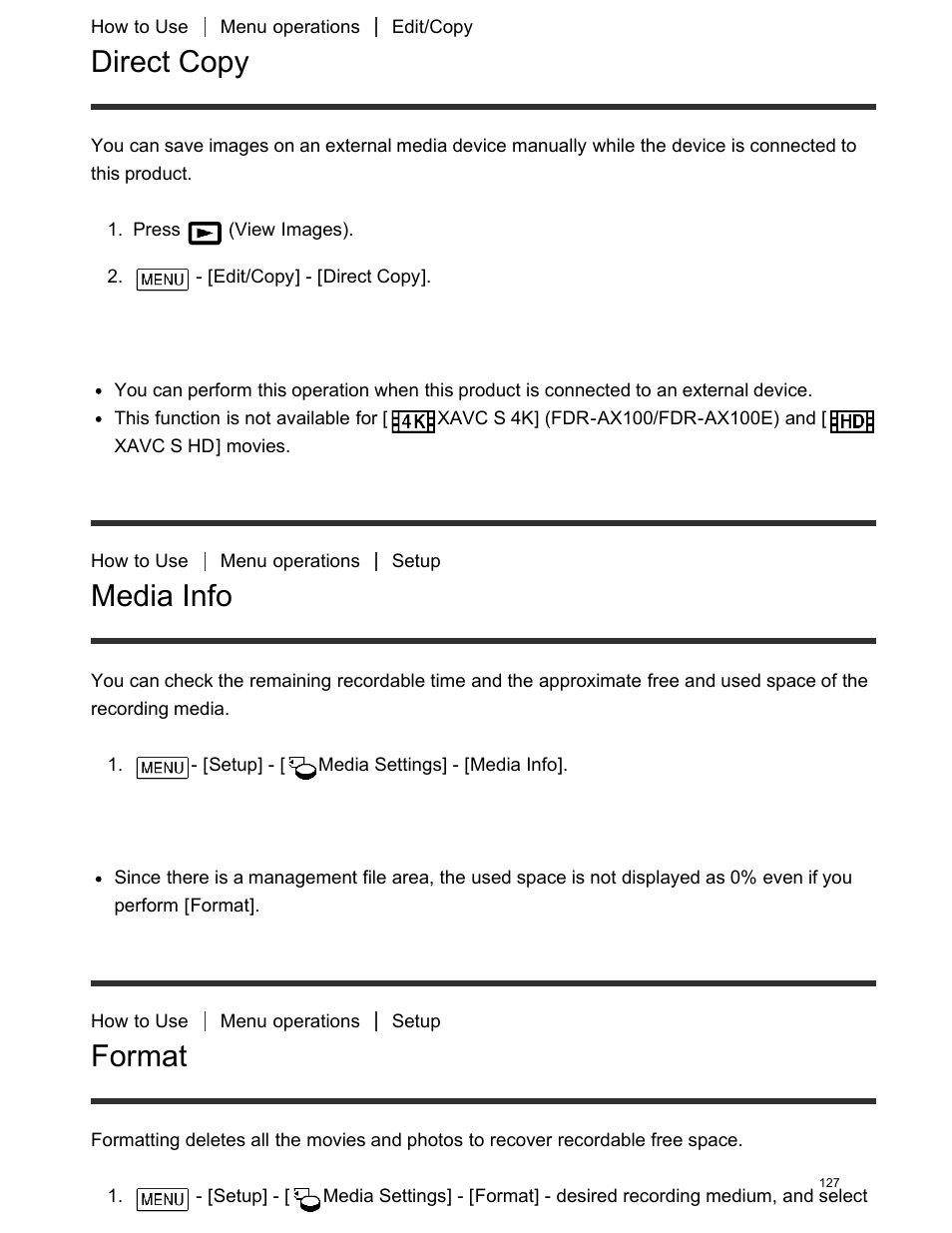 Direct copy, Media info, Format | Sony FDR-AX100 User Manual | Page 139 / 204