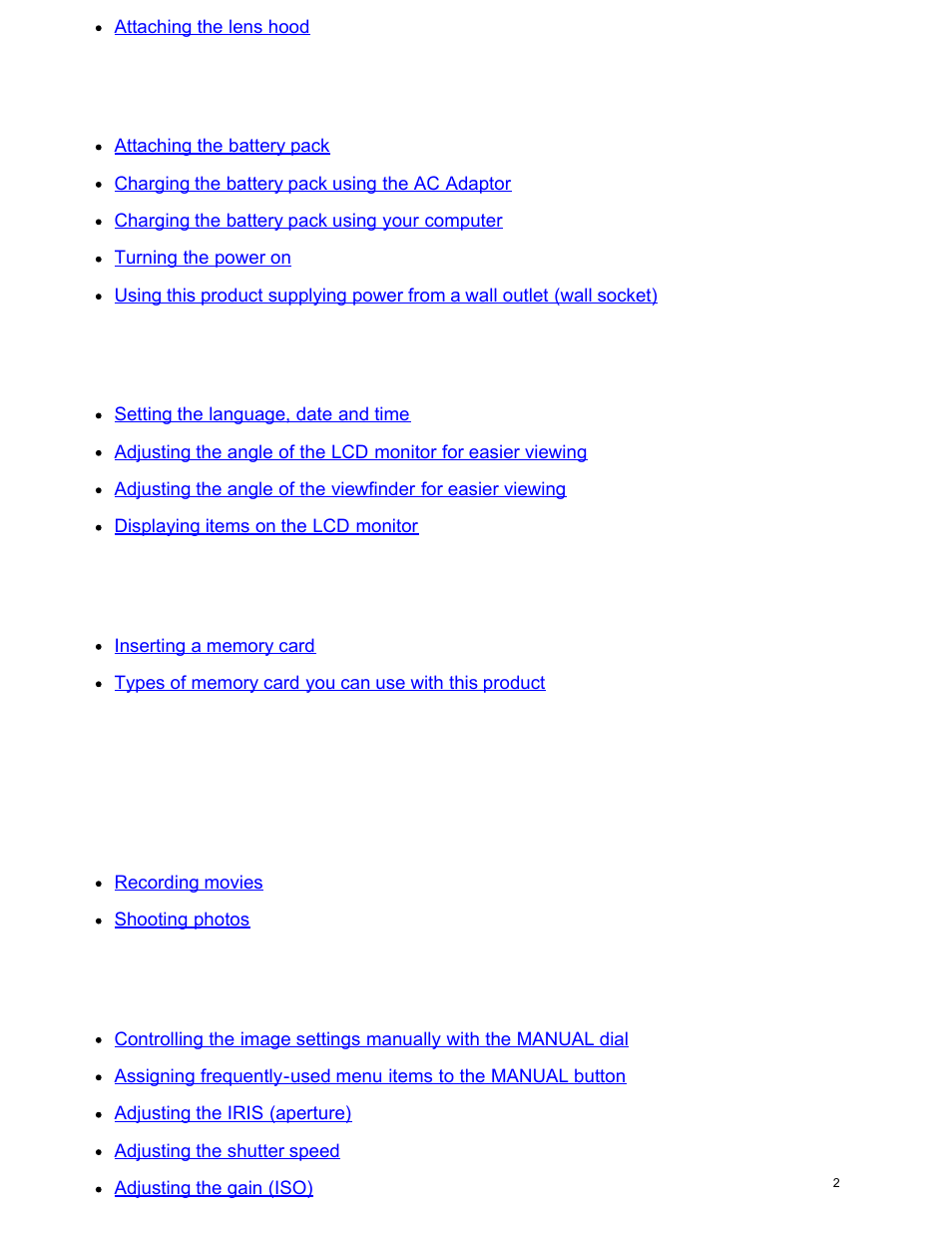 Power source preparations, Initial setup, Preparing a memory card | Recording, Recording movies/photos, Changing the brightness manually for recording | Sony FDR-AX100 User Manual | Page 14 / 204
