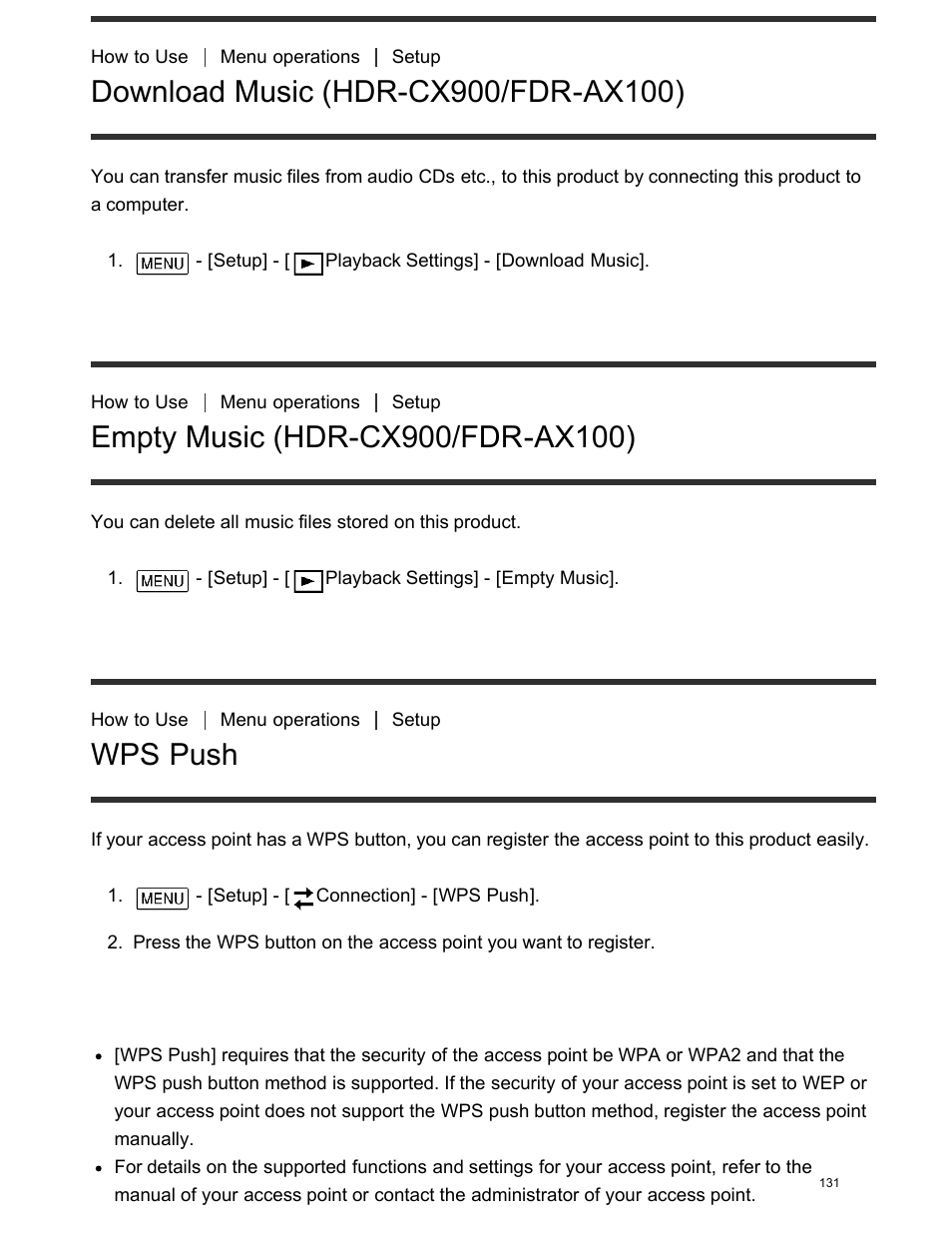 Download music (hdr-cx900/fdr-ax100), Empty music (hdr-cx900/fdr-ax100), Wps push | Sony FDR-AX100 User Manual | Page 143 / 204