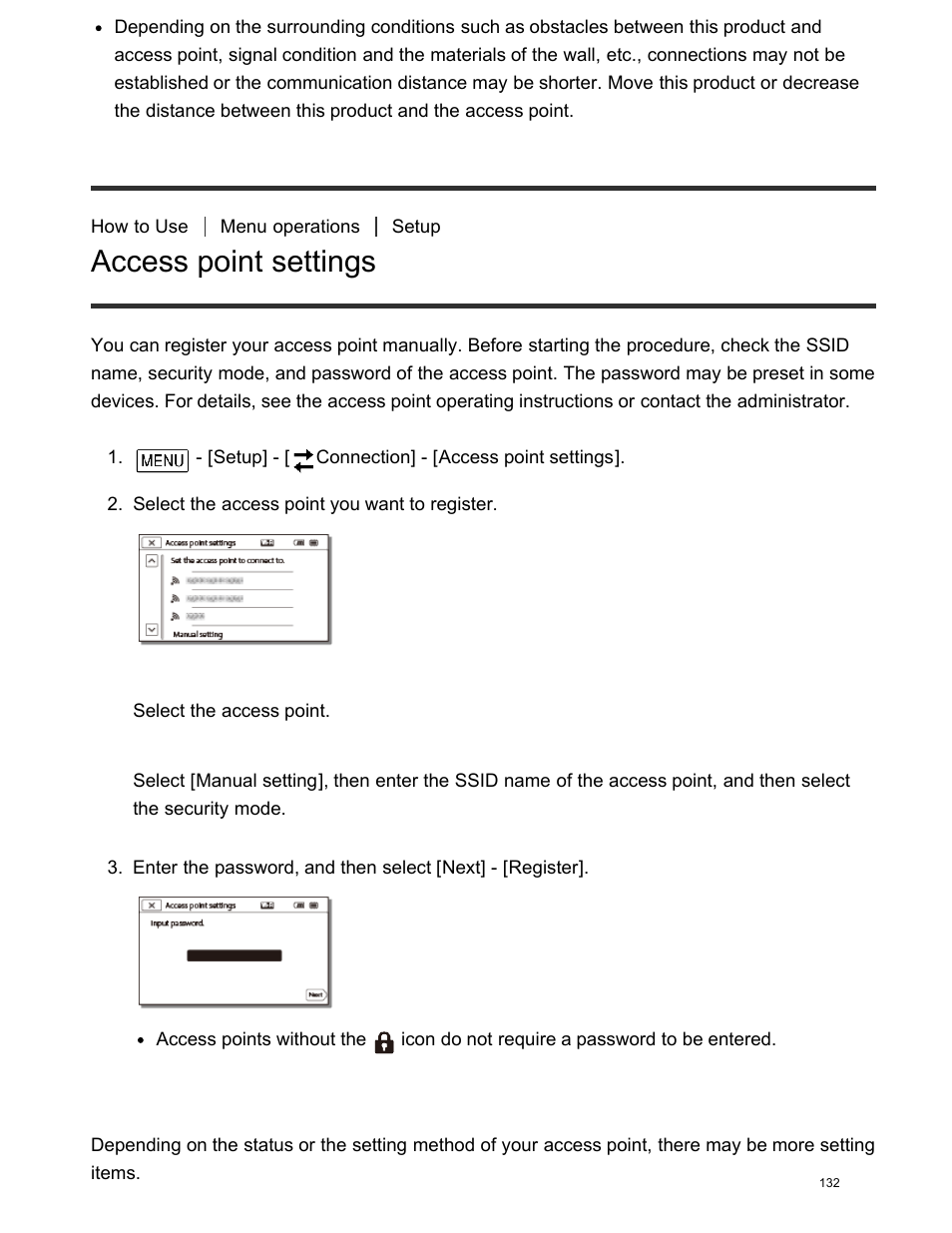 Access point settings | Sony FDR-AX100 User Manual | Page 144 / 204