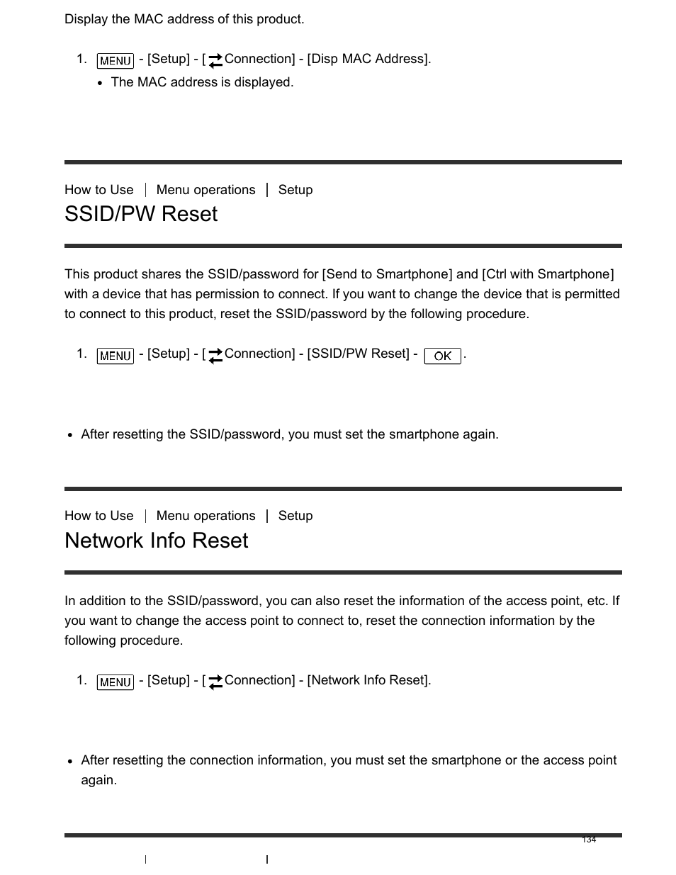 Ssid/pw reset, Network info reset, Tv type | Sony FDR-AX100 User Manual | Page 146 / 204
