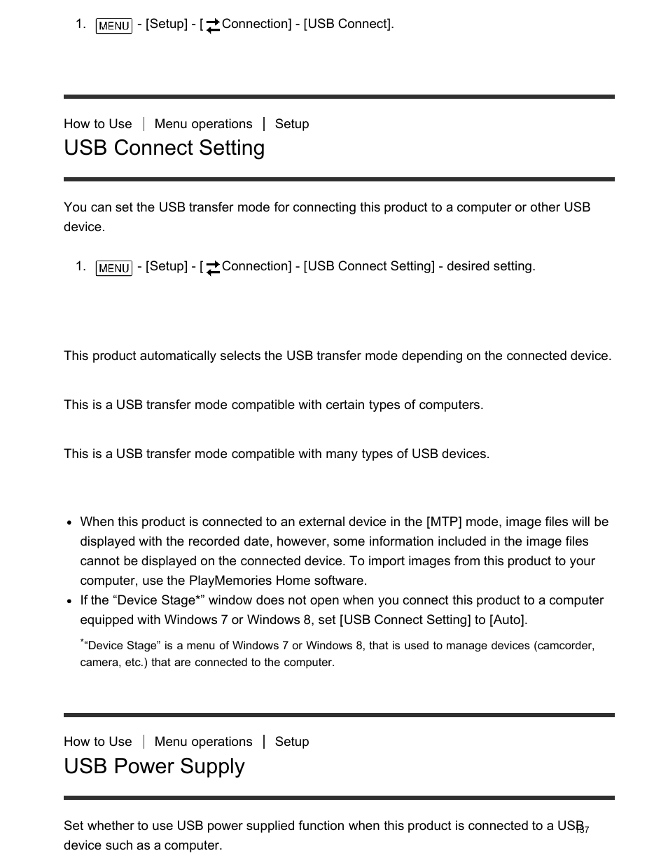 Usb connect setting, Usb power supply, Descriptions of menu items | Sony FDR-AX100 User Manual | Page 149 / 204