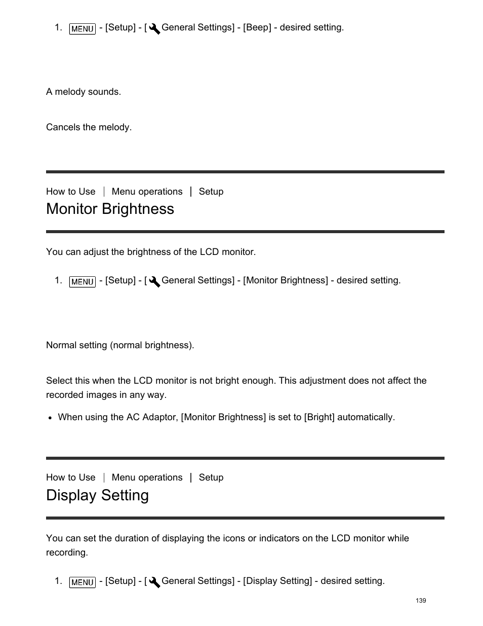 Monitor brightness, Display setting | Sony FDR-AX100 User Manual | Page 151 / 204
