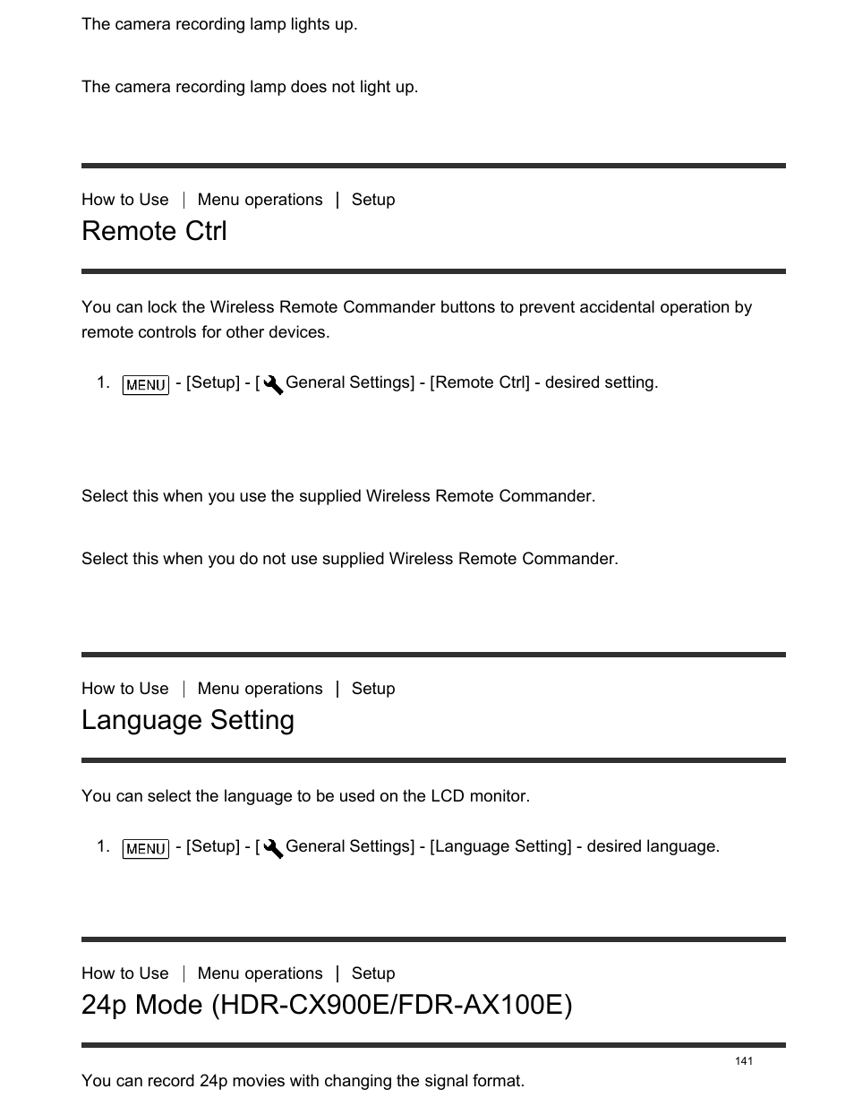 Remote ctrl, Language setting, 24p mode (hdr-cx900e/fdr-ax100e) | Sony FDR-AX100 User Manual | Page 153 / 204