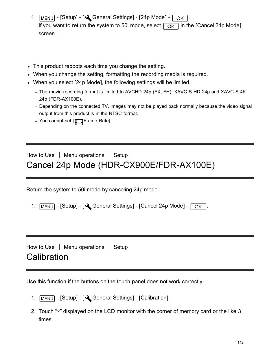 Cancel 24p mode (hdr-cx900e/fdr-ax100e), Calibration | Sony FDR-AX100 User Manual | Page 154 / 204