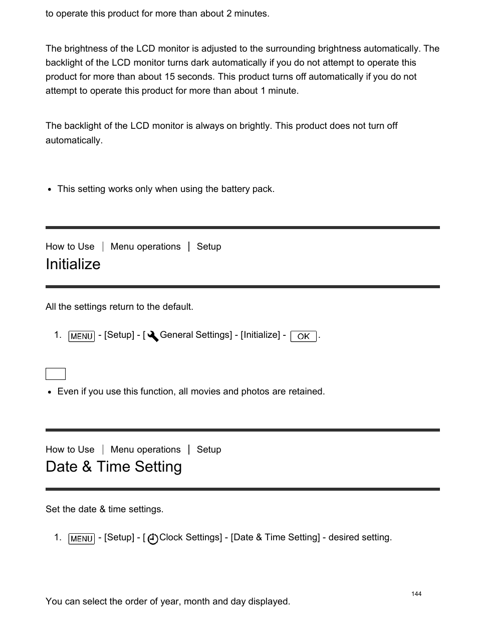 Initialize, Date & time setting | Sony FDR-AX100 User Manual | Page 156 / 204