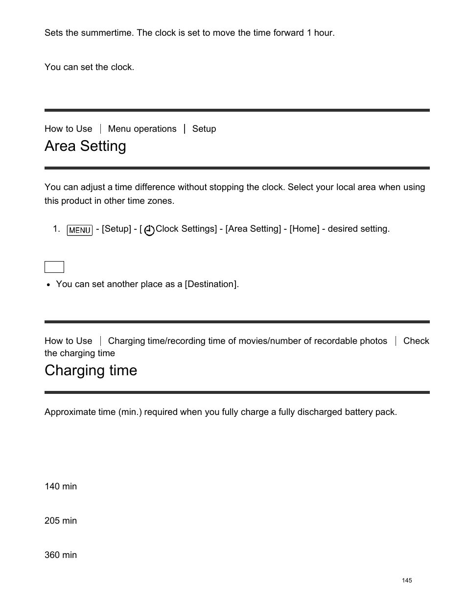 Area setting, Charging time | Sony FDR-AX100 User Manual | Page 157 / 204