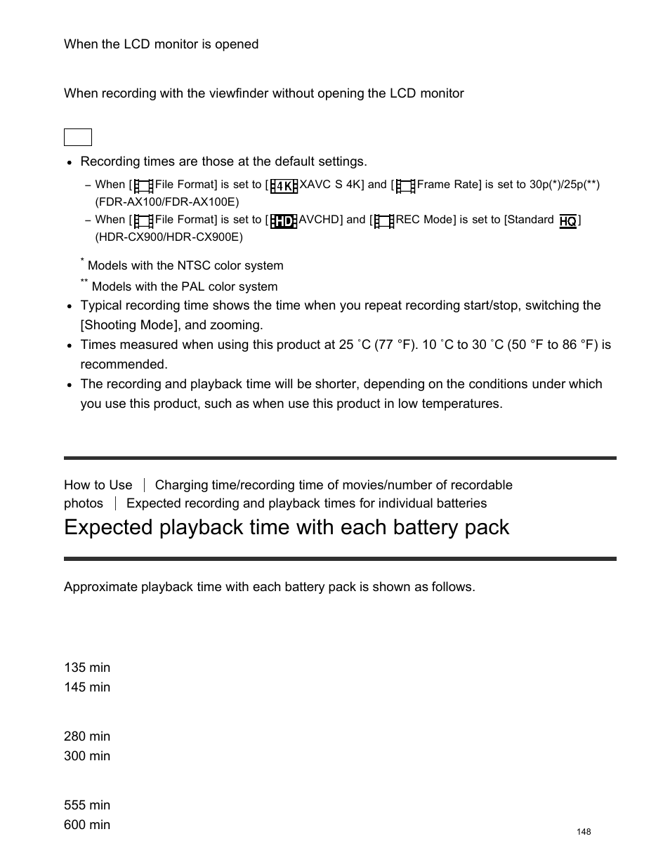Expected playback time with each battery pack | Sony FDR-AX100 User Manual | Page 160 / 204