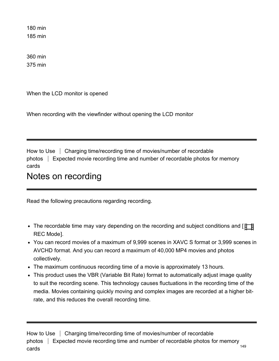 Notes on recording, Expected recording time of movies | Sony FDR-AX100 User Manual | Page 161 / 204