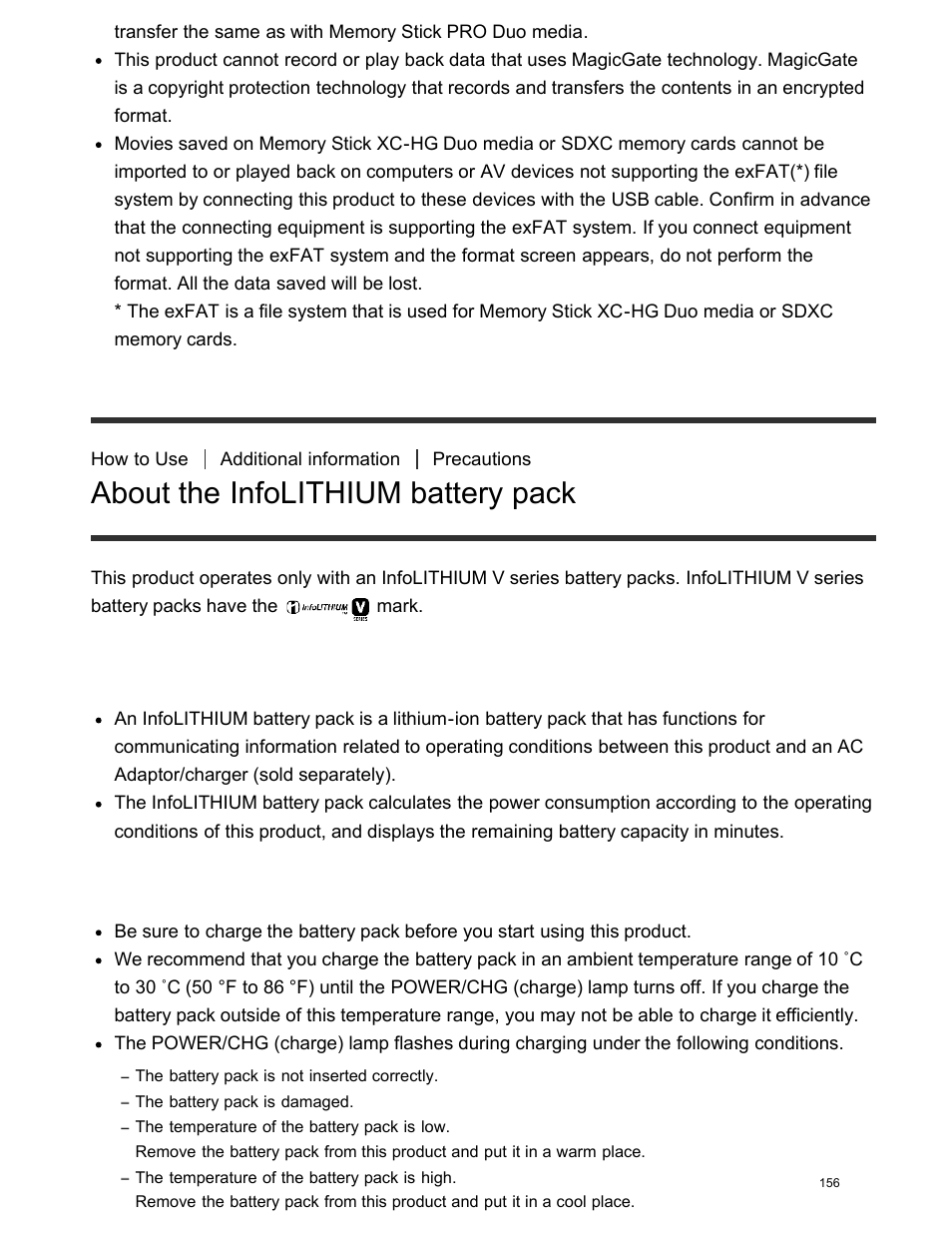 About the infolithium battery pack, What is an infolithium battery pack | Sony FDR-AX100 User Manual | Page 168 / 204