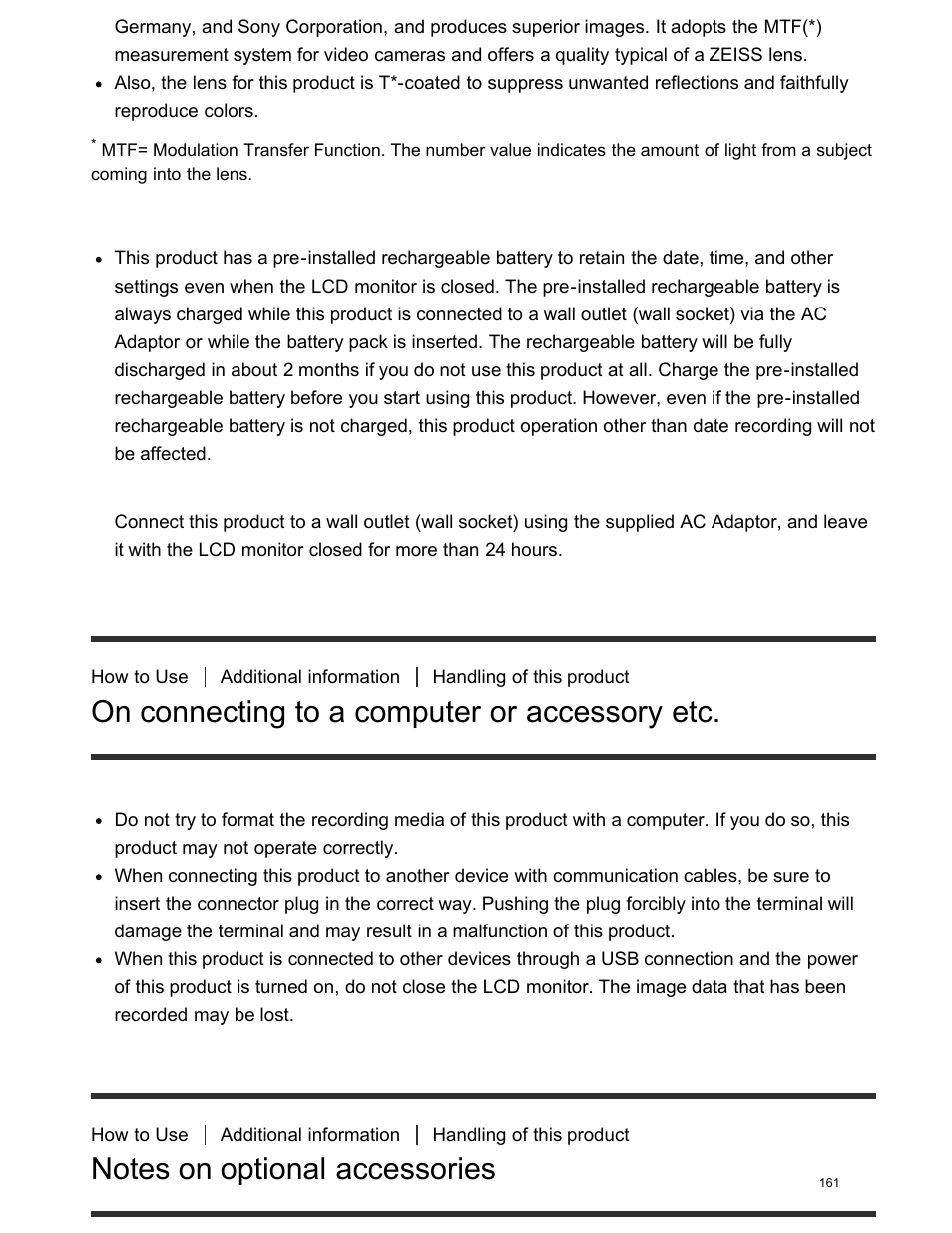 On connecting to a computer or accessory etc, Notes on optional accessories | Sony FDR-AX100 User Manual | Page 173 / 204