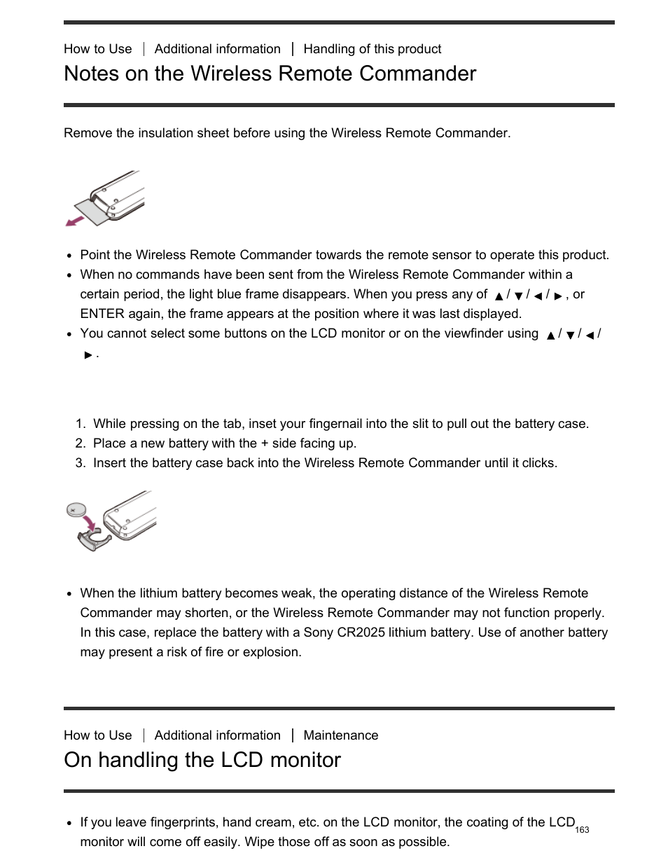 Notes on the wireless remote commander, On handling the lcd monitor | Sony FDR-AX100 User Manual | Page 175 / 204