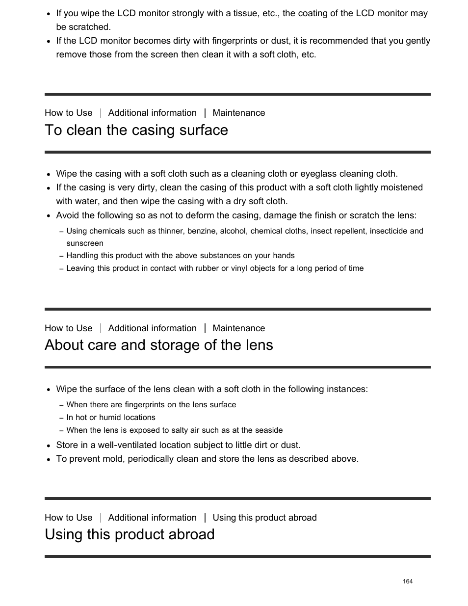 To clean the casing surface, About care and storage of the lens, Using this product abroad | Power supply | Sony FDR-AX100 User Manual | Page 176 / 204