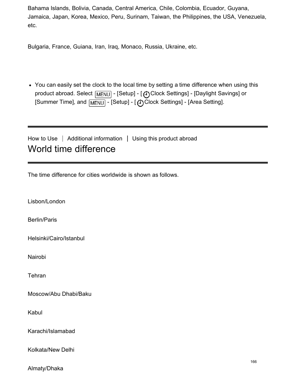 World time difference, Setting to the local time | Sony FDR-AX100 User Manual | Page 178 / 204