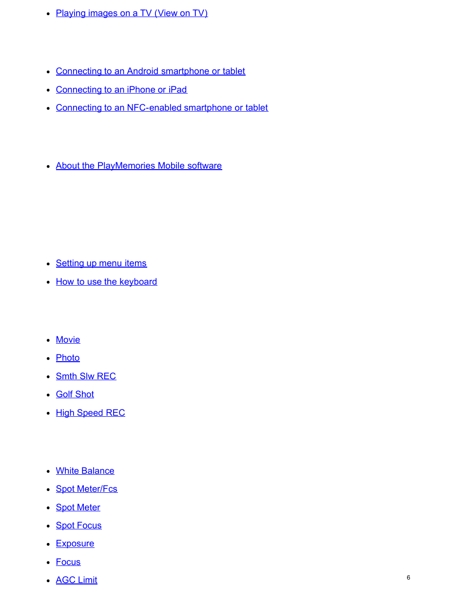 Connecting a smartphone, Installing playmemories mobile, Menu operations | Using menu items, Shooting mode, Camera/mic | Sony FDR-AX100 User Manual | Page 18 / 204