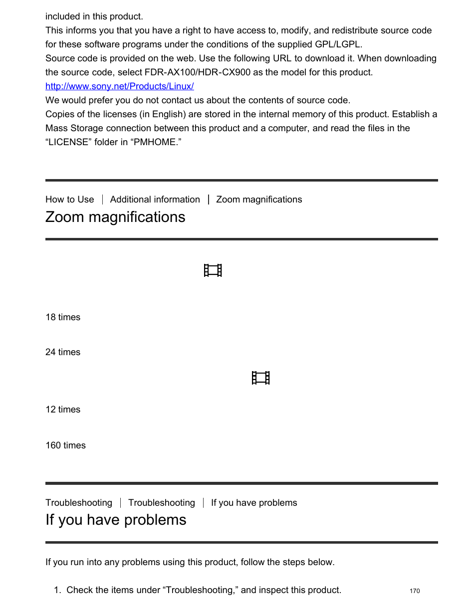 Zoom magnifications, If you have problems | Sony FDR-AX100 User Manual | Page 182 / 204