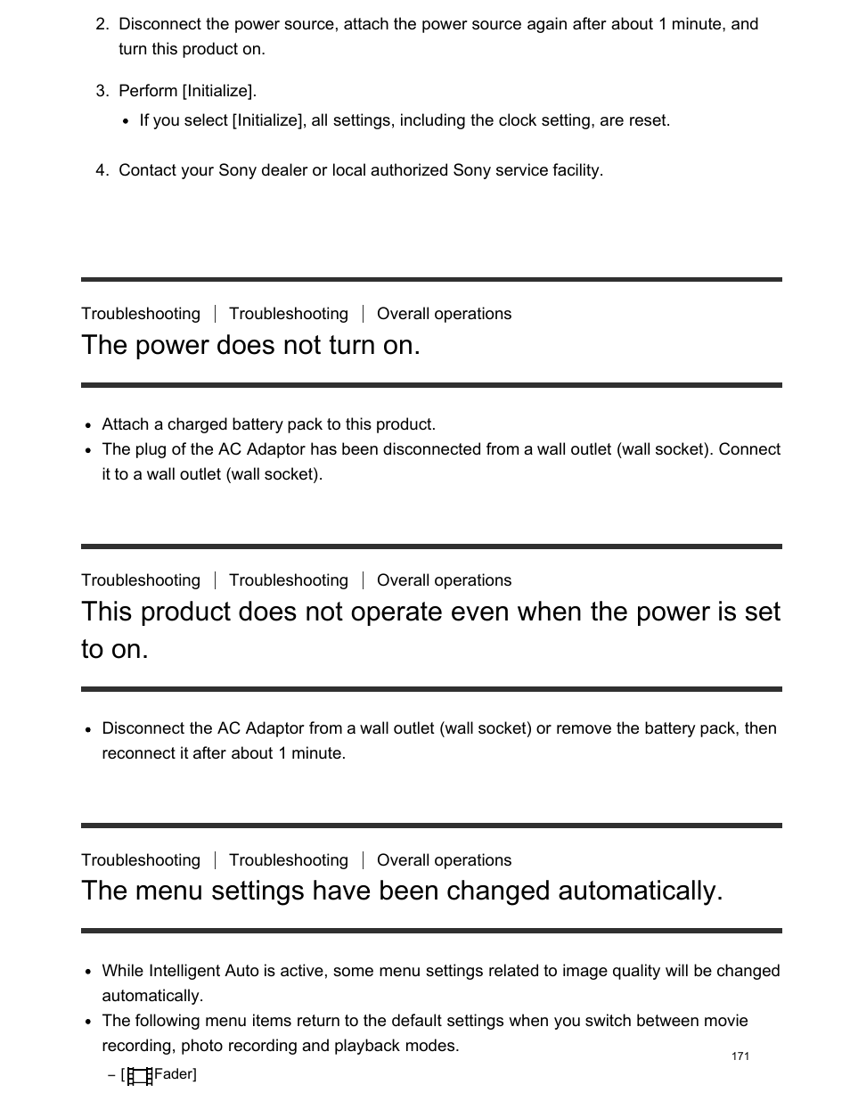The power does not turn on, The menu settings have been changed automatically, To on | Sony FDR-AX100 User Manual | Page 183 / 204