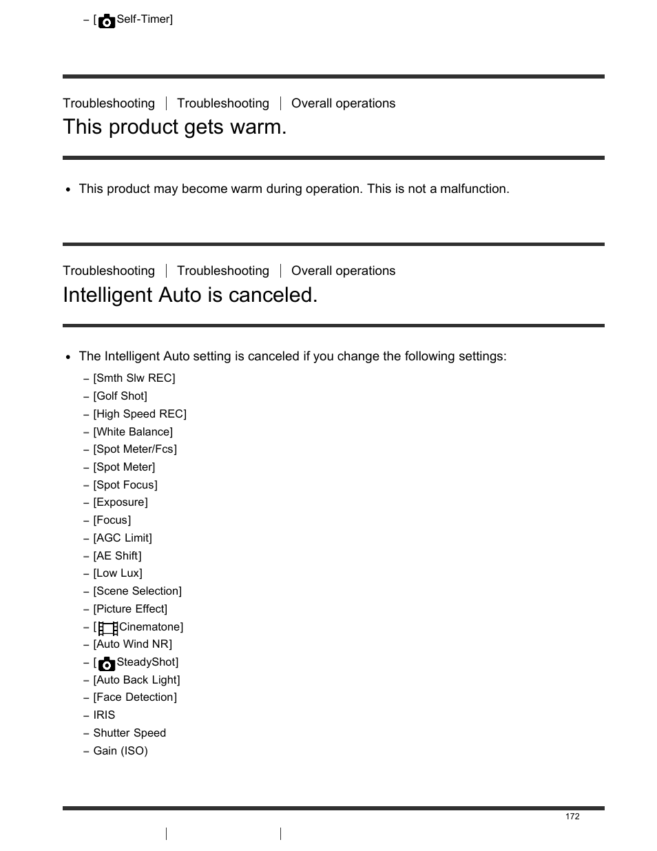 This product gets warm, Intelligent auto is canceled, The power abruptly turns off | Sony FDR-AX100 User Manual | Page 184 / 204