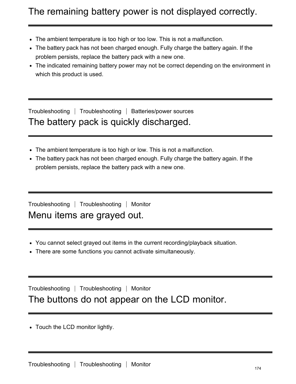 The battery pack is quickly discharged, Menu items are grayed out, The buttons do not appear on the lcd monitor | Sony FDR-AX100 User Manual | Page 186 / 204