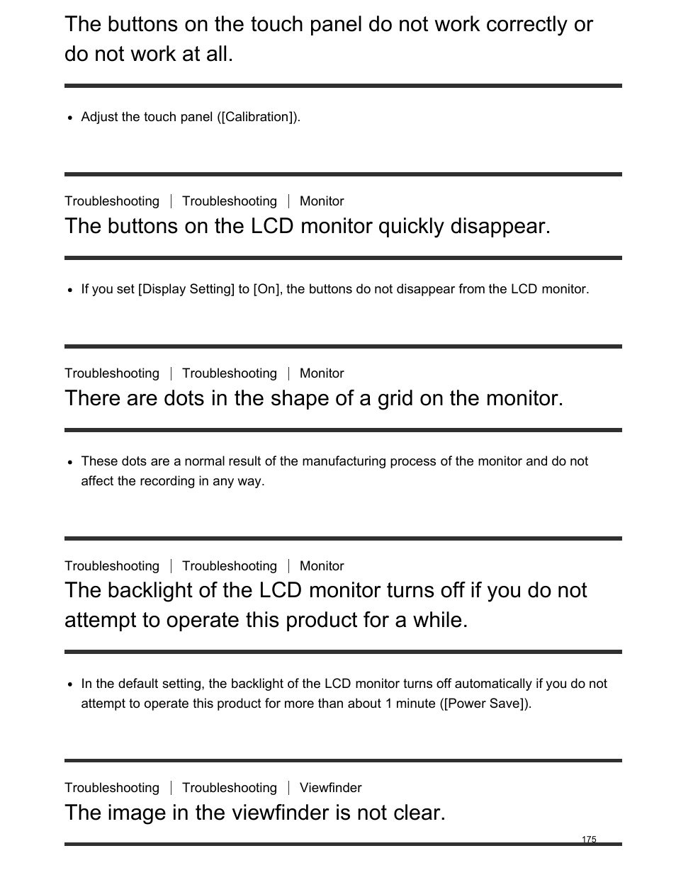The buttons on the lcd monitor quickly disappear, The image in the viewfinder is not clear, Not work at all | Attempt to operate this product for a while | Sony FDR-AX100 User Manual | Page 187 / 204