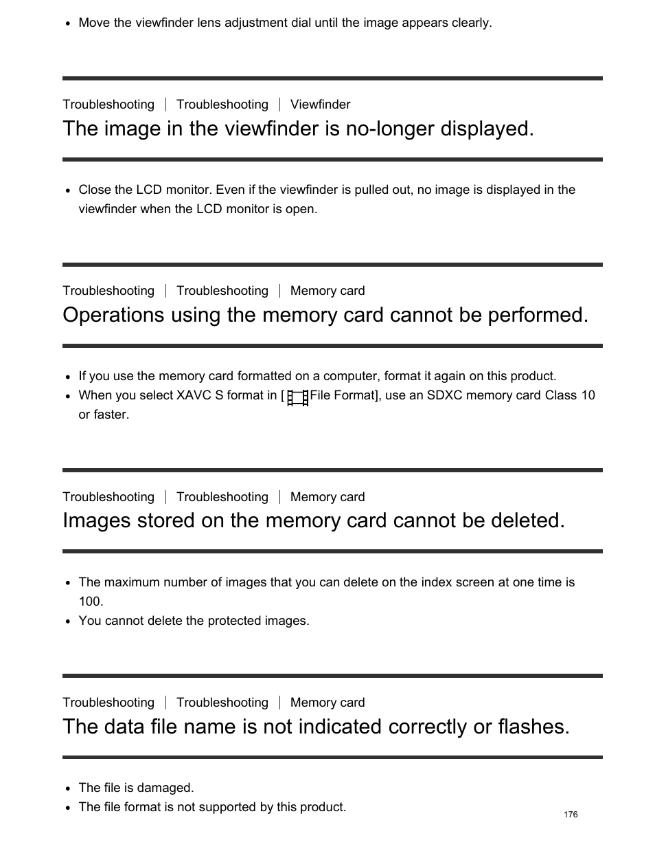 The image in the viewfinder is no-longer displayed, Images stored on the memory card cannot be deleted | Sony FDR-AX100 User Manual | Page 188 / 204
