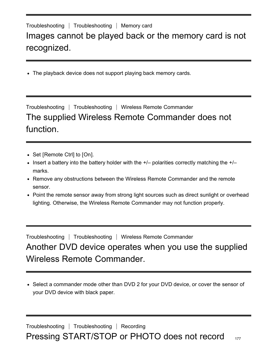 Recognized, The supplied wireless remote commander does not, Function | Wireless remote commander, Pressing start/stop or photo does not record, Images | Sony FDR-AX100 User Manual | Page 189 / 204