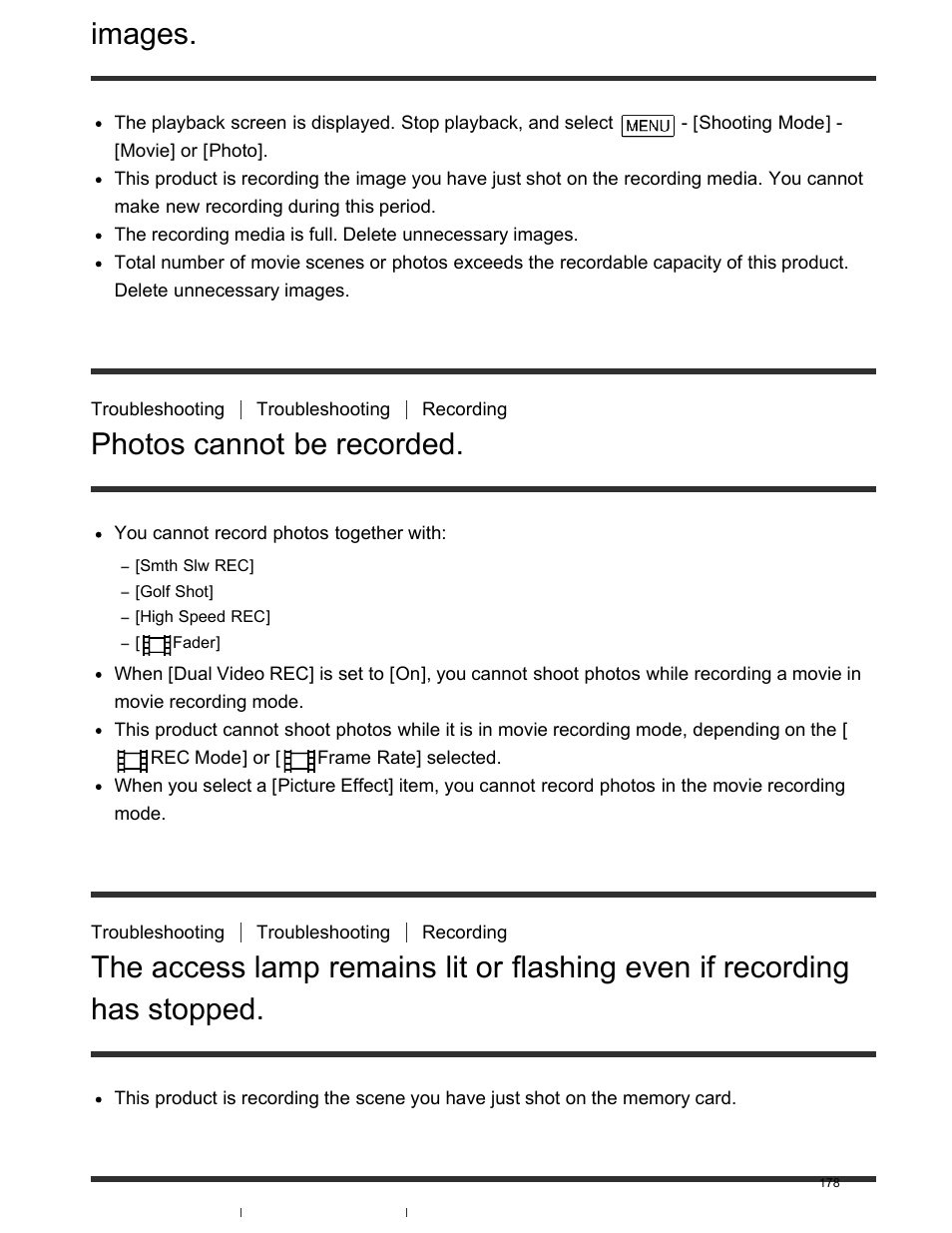 Photos cannot be recorded, Has stopped, The imaging field looks different | Images | Sony FDR-AX100 User Manual | Page 190 / 204