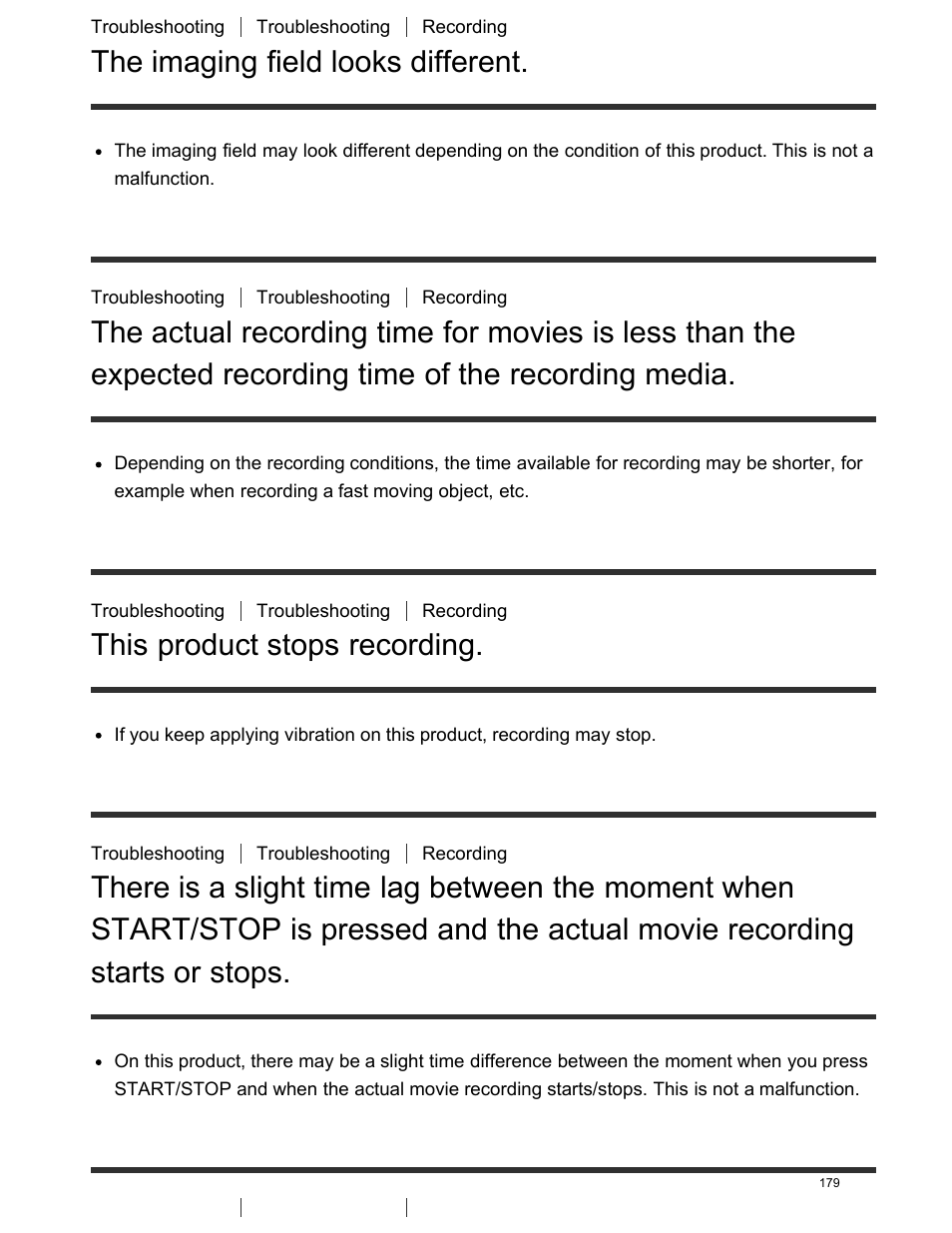 The imaging field looks different, This product stops recording, Expected recording time of the recording media | There is a slight time lag between the moment, Whenstart/stop is pressed and the actual movie, Recording starts or stops, The auto focus does not function | Sony FDR-AX100 User Manual | Page 191 / 204