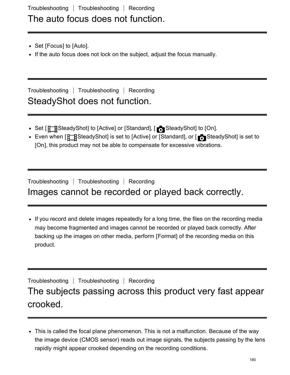 The auto focus does not function, Steadyshot does not function, Images cannot be recorded or played back correctly | Crooked, Horizontal stripes appear on the images | Sony FDR-AX100 User Manual | Page 192 / 204