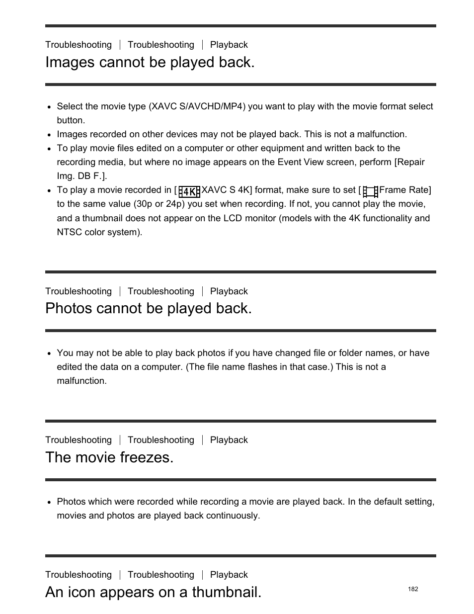 Images cannot be played back, Photos cannot be played back, The movie freezes | An icon appears on a thumbnail | Sony FDR-AX100 User Manual | Page 194 / 204