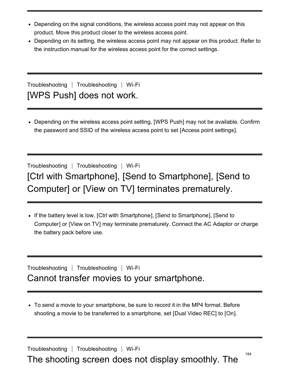 Wps push] does not work, Cannot transfer movies to your smartphone, The shooting screen does not display smoothly | Computer] or [view on tv] terminates prematurely, The shooting screen does not display smoothly. the | Sony FDR-AX100 User Manual | Page 196 / 204