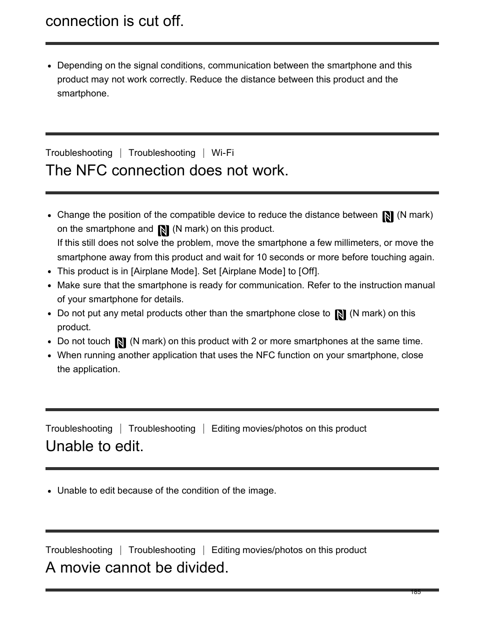 The nfc connection does not work, Unable to edit, A movie cannot be divided | Connection is cut off | Sony FDR-AX100 User Manual | Page 197 / 204