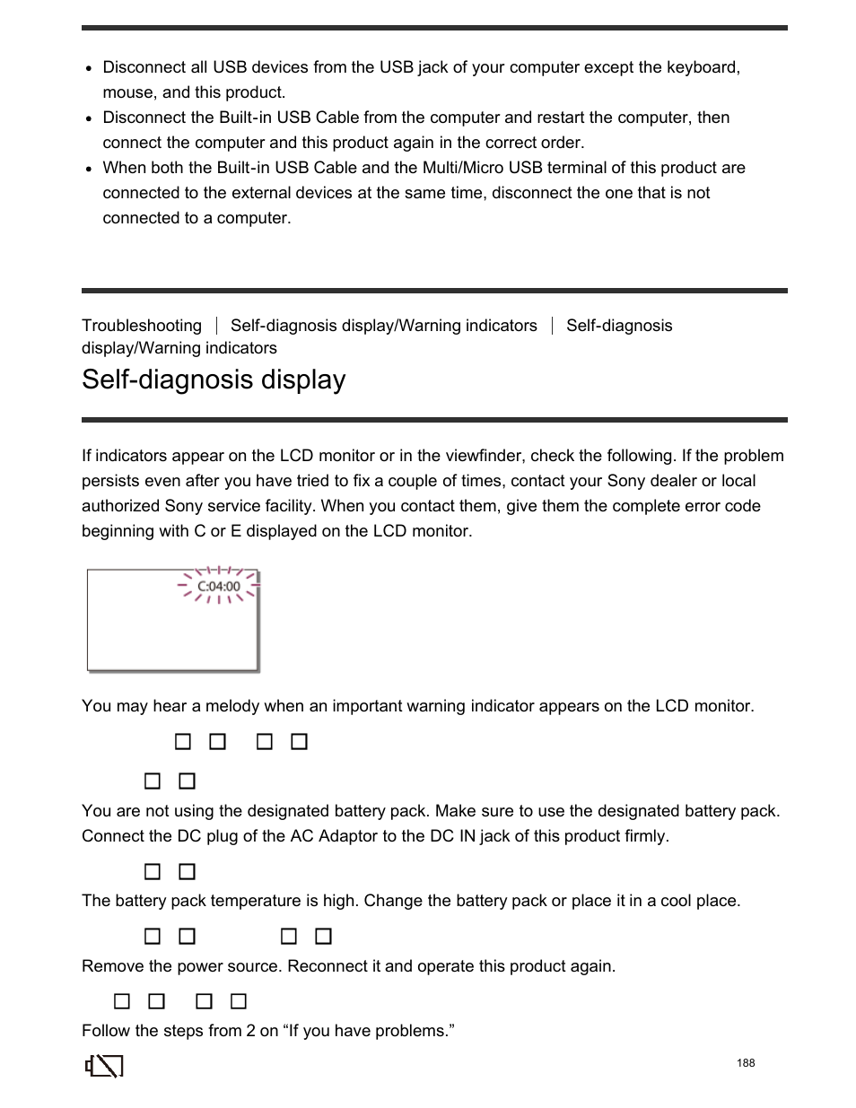 Self-diagnosis display | Sony FDR-AX100 User Manual | Page 200 / 204