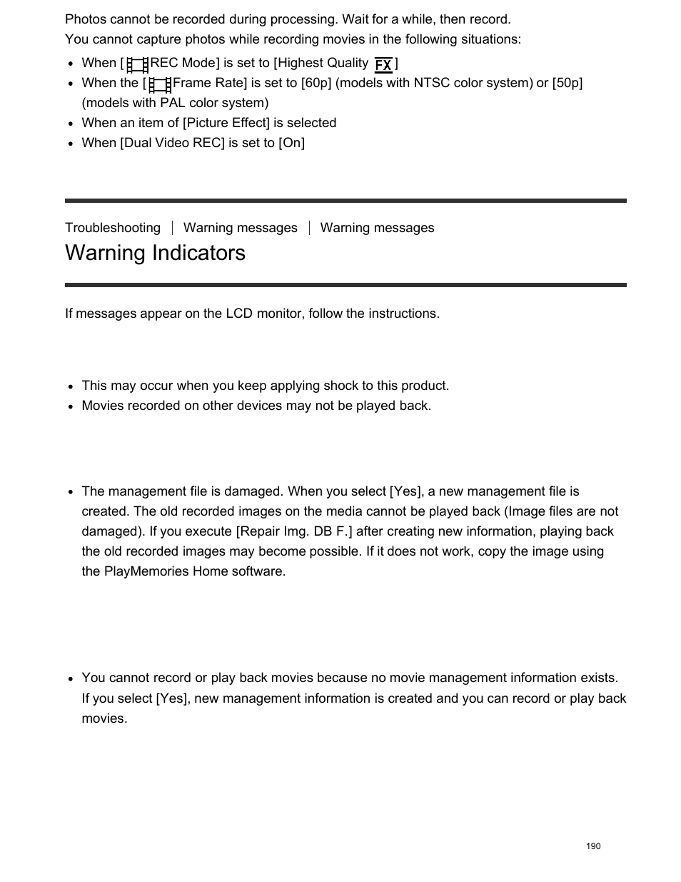Warning indicators | Sony FDR-AX100 User Manual | Page 202 / 204