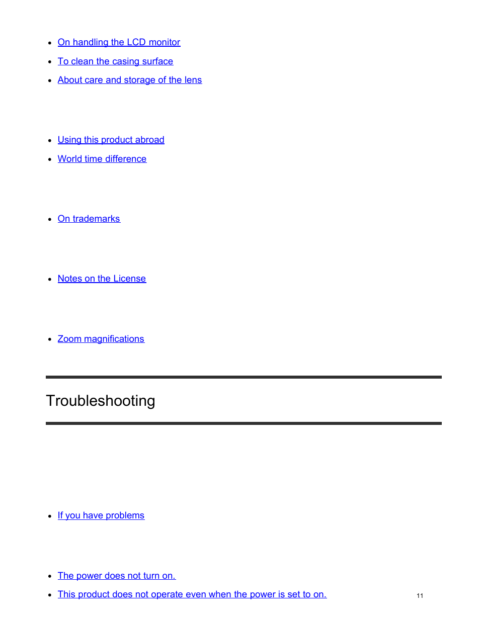 Maintenance, Using this product abroad, Trademarks | License, Zoom magnifications, Troubleshooting, Overall operations | Sony FDR-AX100 User Manual | Page 23 / 204