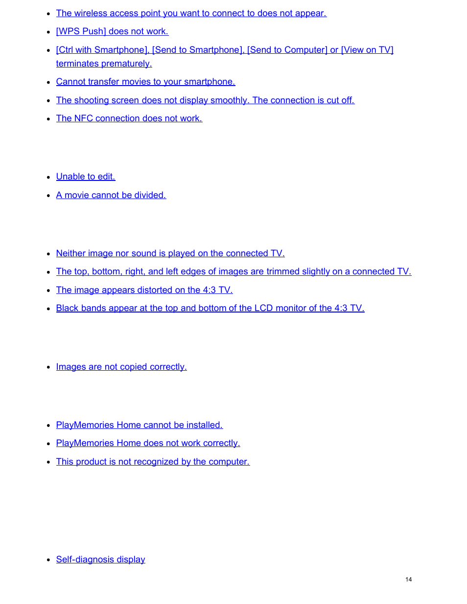Editing movies/photos on this product, Playback on a tv, Copying/connecting to other devices | Connecting to a computer, Self-diagnosis display/warning indicators | Sony FDR-AX100 User Manual | Page 26 / 204