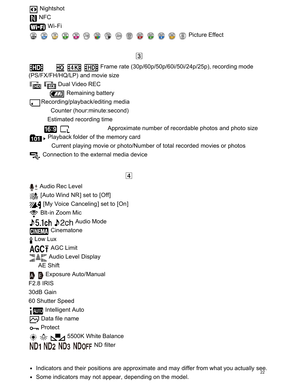 On the right side of the screen ( ), At the bottom of the screen ( ) | Sony FDR-AX100 User Manual | Page 34 / 204