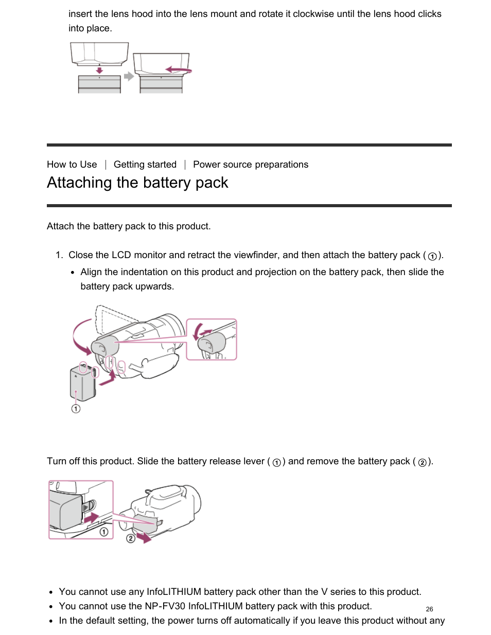 Attaching the lens hood, Attaching the battery pack | Sony FDR-AX100 User Manual | Page 38 / 204