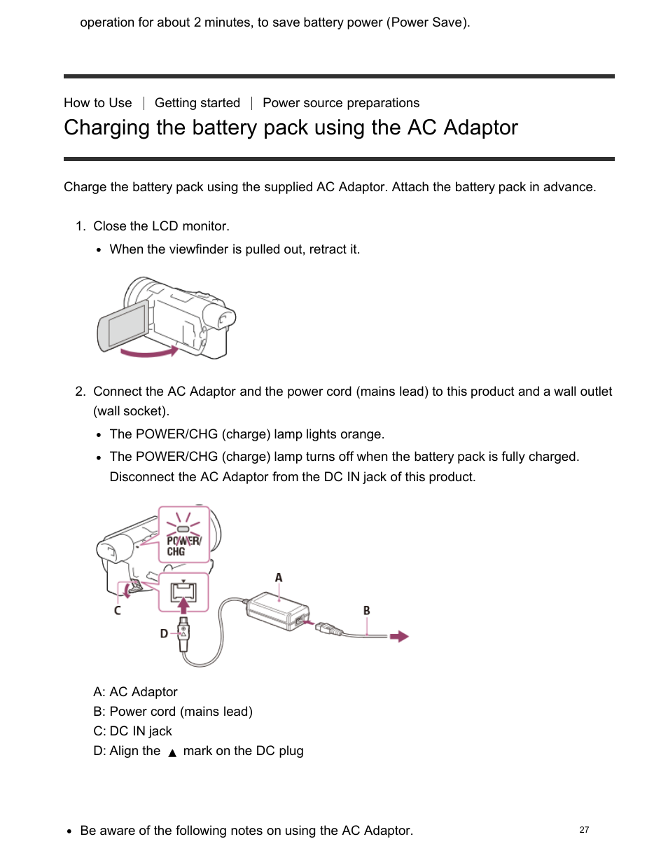 Charging the battery pack using the ac adaptor | Sony FDR-AX100 User Manual | Page 39 / 204