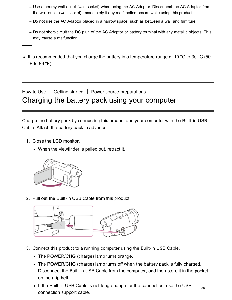 Charging the battery pack using your computer | Sony FDR-AX100 User Manual | Page 40 / 204