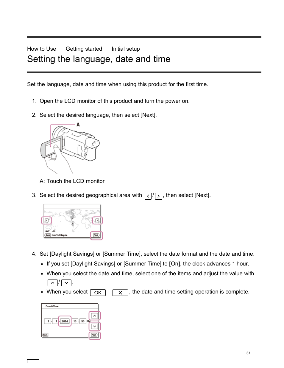 Setting the language, date and time | Sony FDR-AX100 User Manual | Page 43 / 204
