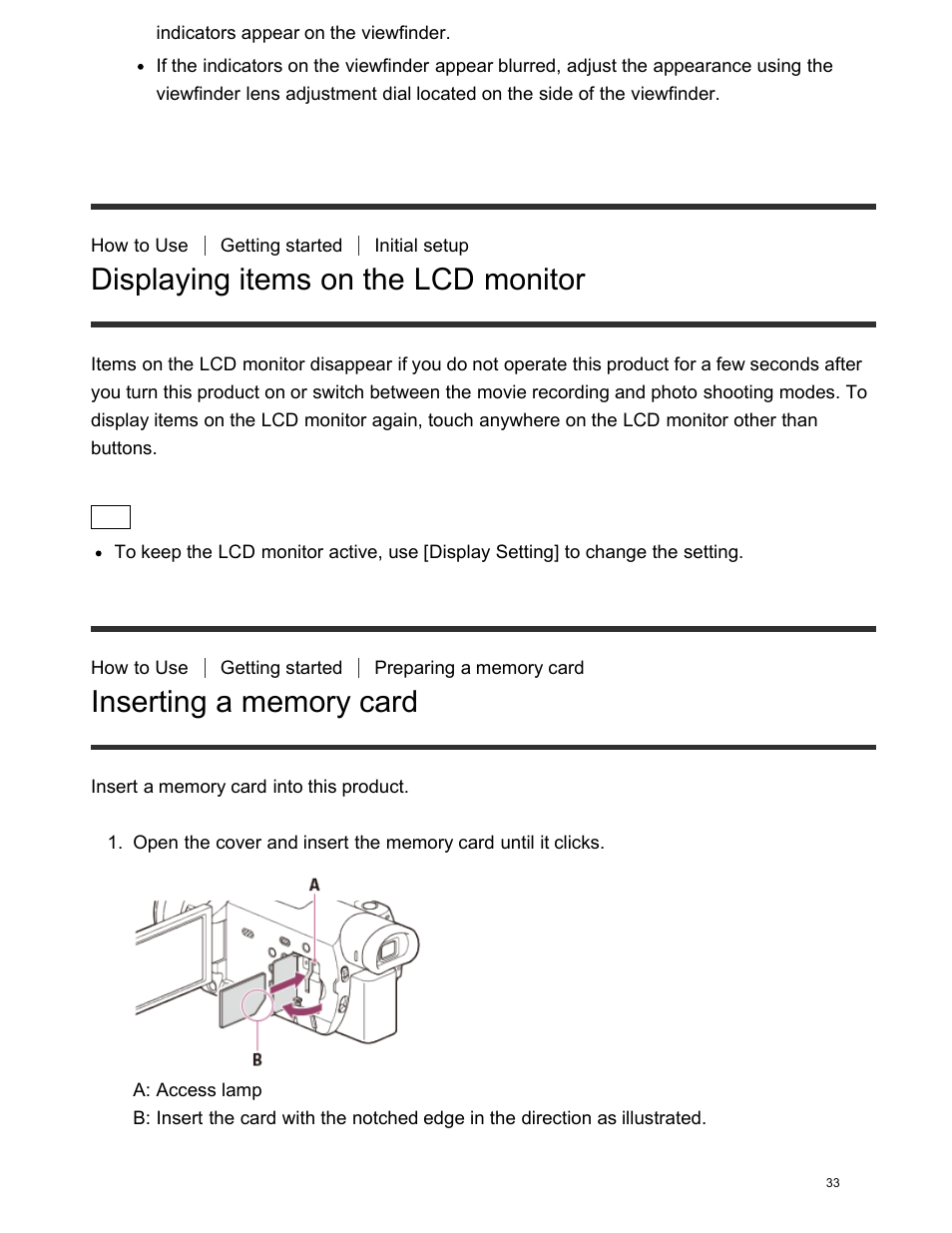 Displaying items on the lcd monitor, Inserting a memory card | Sony FDR-AX100 User Manual | Page 45 / 204
