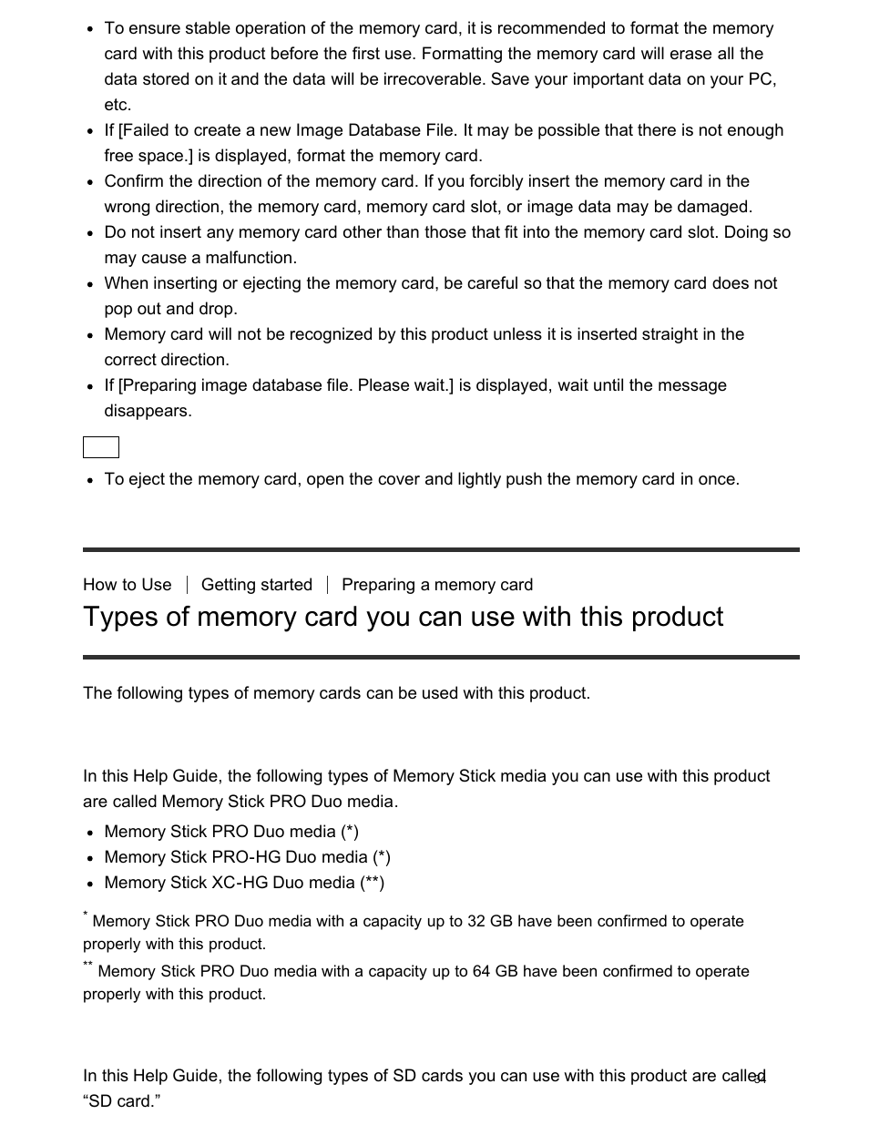 Types of memory card you can use with this product | Sony FDR-AX100 User Manual | Page 46 / 204