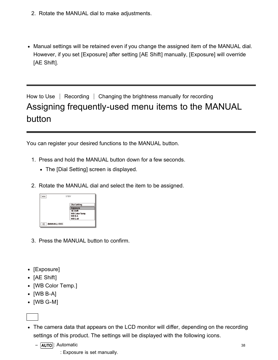 Adjusting the iris (aperture), Assigning frequently-used menu items to the manual, Button | Items you can control with the manual dial | Sony FDR-AX100 User Manual | Page 50 / 204