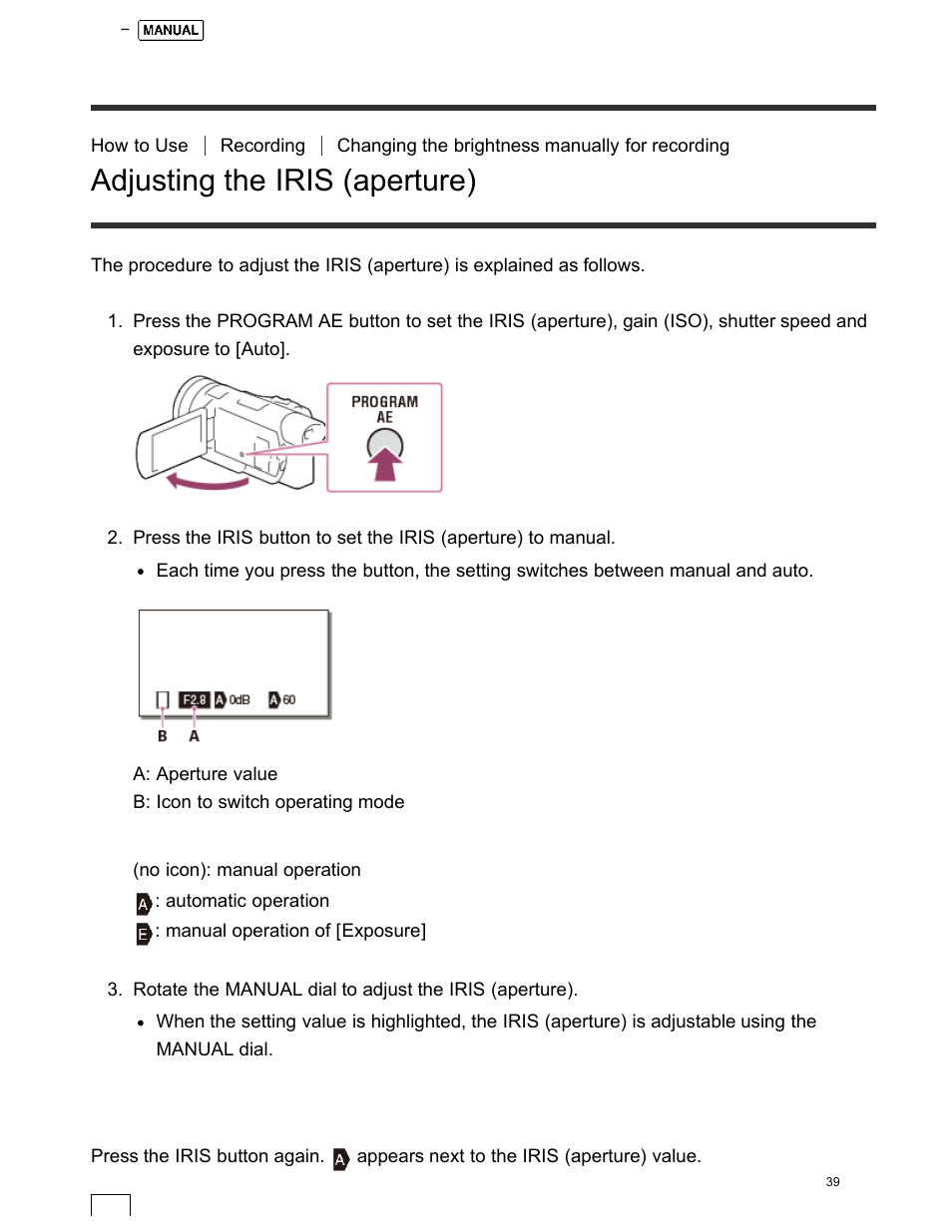 Adjusting the iris (aperture) | Sony FDR-AX100 User Manual | Page 51 / 204