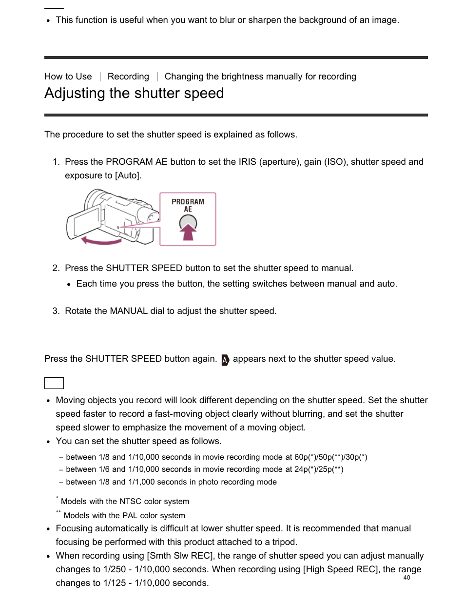 Adjusting the shutter speed | Sony FDR-AX100 User Manual | Page 52 / 204