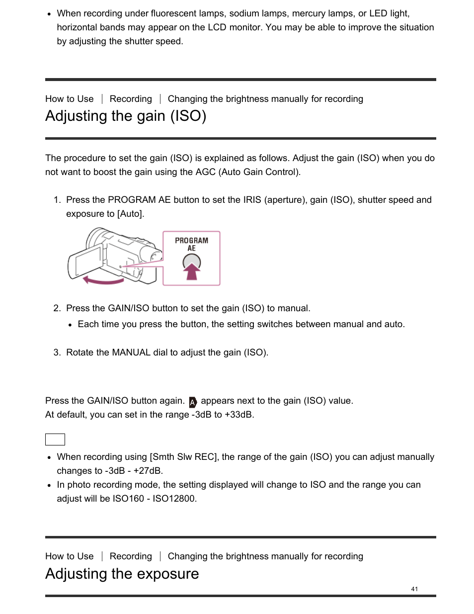 Adjusting the gain (iso), Adjusting the exposure | Sony FDR-AX100 User Manual | Page 53 / 204