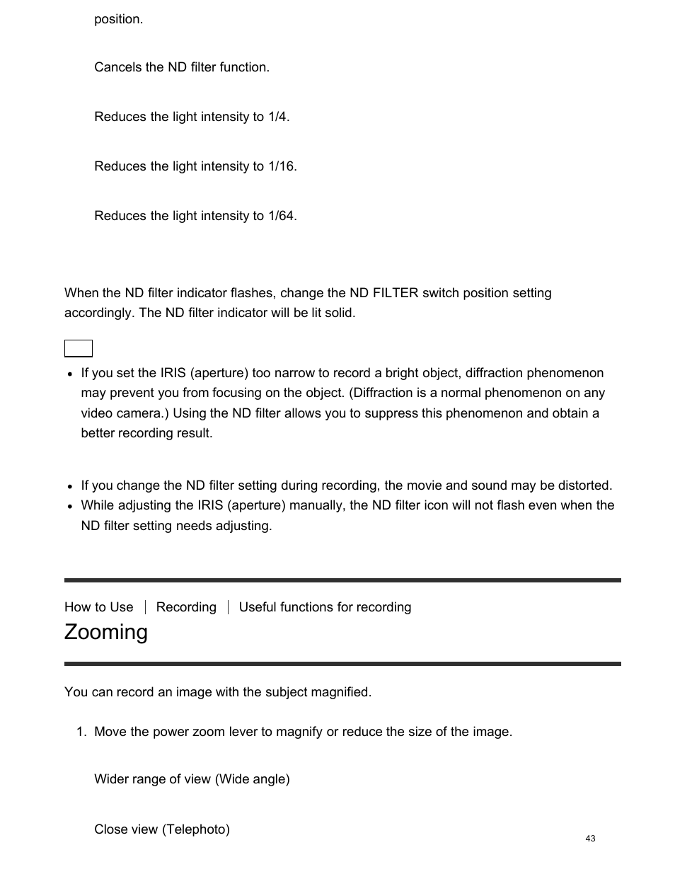 Zooming, When adjusting the iris (aperture) automatically | Sony FDR-AX100 User Manual | Page 55 / 204